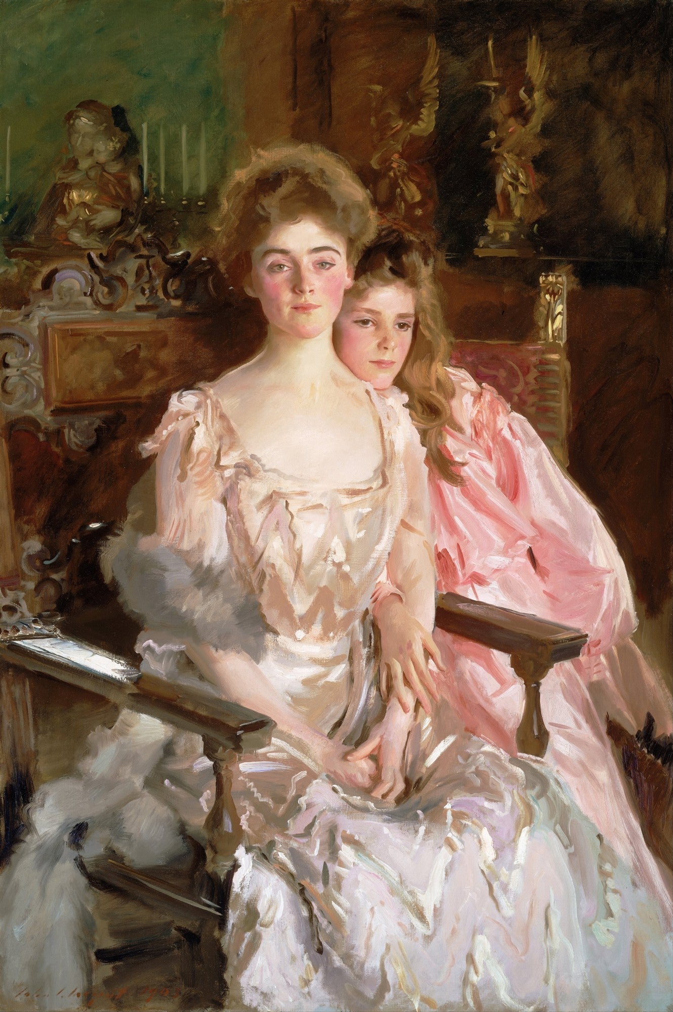 Retrato a óleo de John Singer Sargent, mostrando uma mulher jovem de vestido claro sentada com uma menina de vestido rosa encostada nela, em um ambiente decorado com esculturas douradas. A mulher olha fixamente para frente, enquanto a menina olha para o lado.