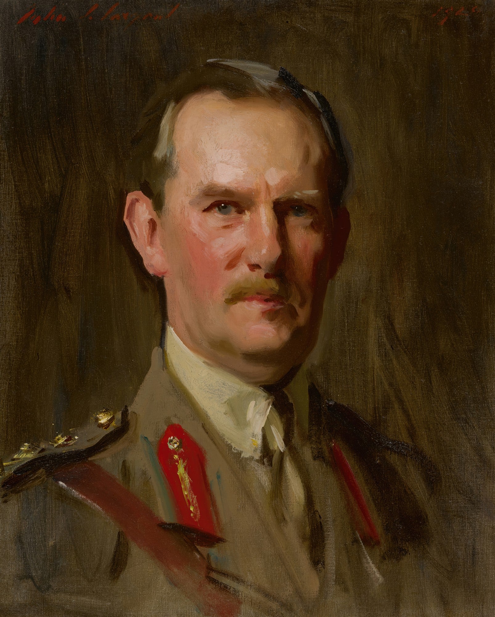 Retrato a óleo de John Singer Sargent mostrando um oficial militar de meia-idade com bigode, fardado, olhando diretamente para frente. Tons sóbrios com realces no rosto.