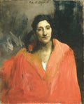 Retrato de uma mulher com cabelos escuros e olhar contemplativo, vestindo um manto volumoso em tons de coral e vermelho, sobre um fundo escuro e pincelado. A assinatura de John Singer Sargent é visível no canto superior esquerdo.