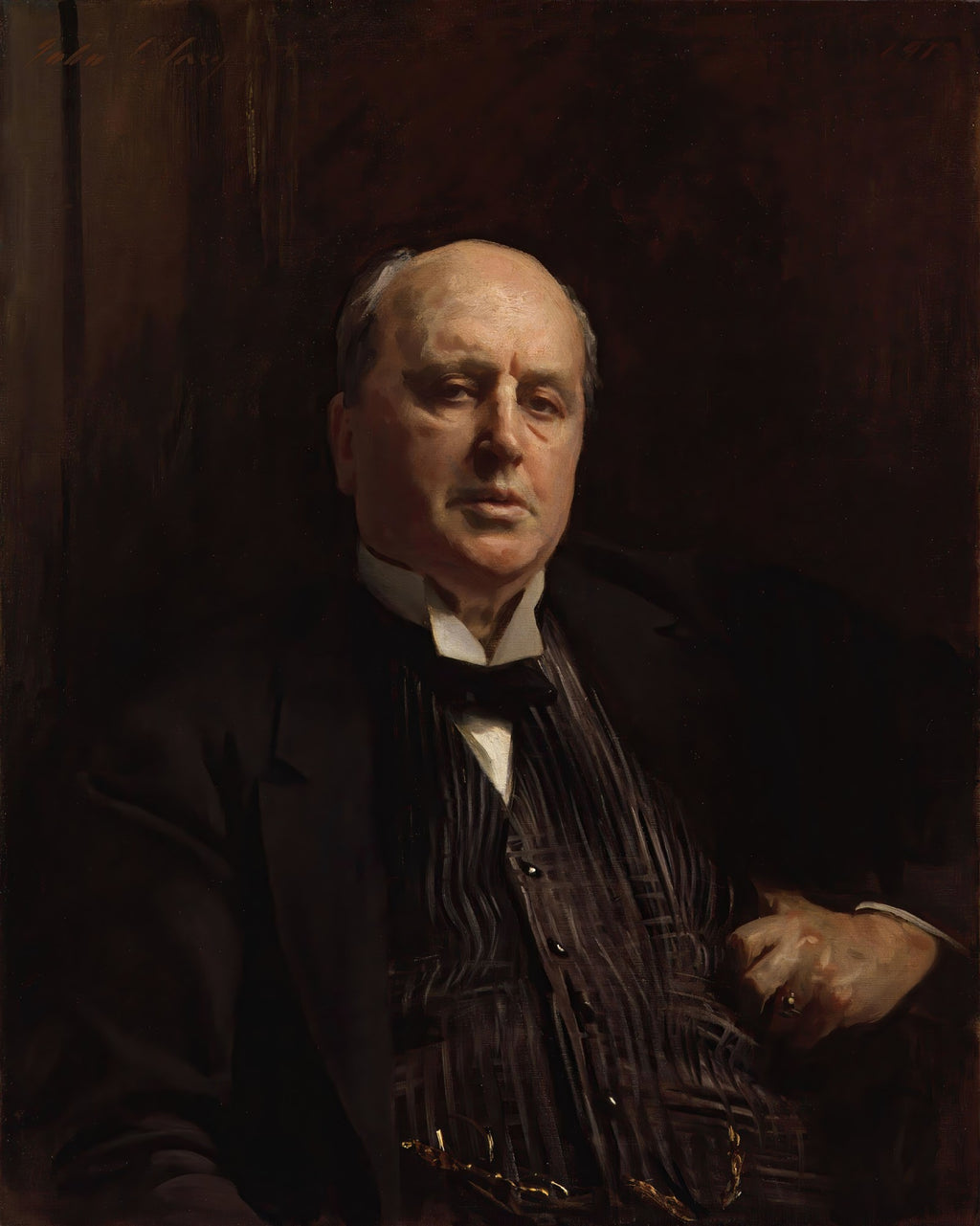 Retrato a óleo de um homem de meia-idade, careca, com terno escuro e colete listrado, sentado em um fundo escuro, pintado por John Singer Sargent.