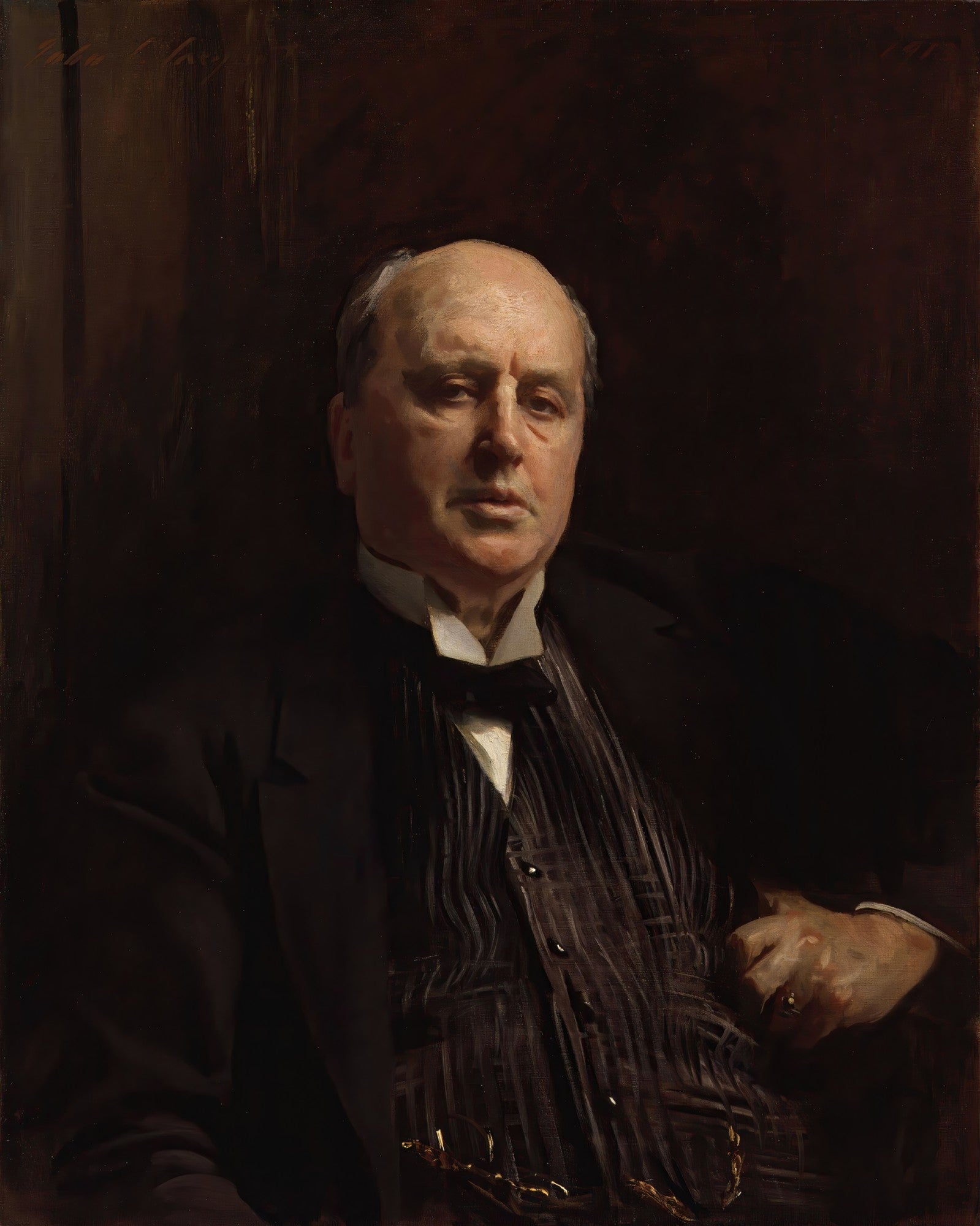 Retrato a óleo de um homem de meia-idade, careca, com terno escuro e colete listrado, sentado em um fundo escuro, pintado por John Singer Sargent.