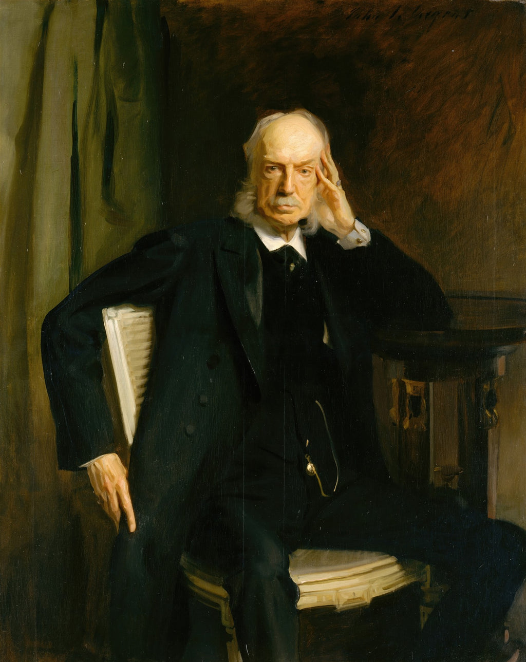 Retrato de Gabriel Fauré pintado por John Singer Sargent, mostrando o compositor idoso sentado, com a mão esquerda apoiada na têmpora, em tons escuros e sóbrios.