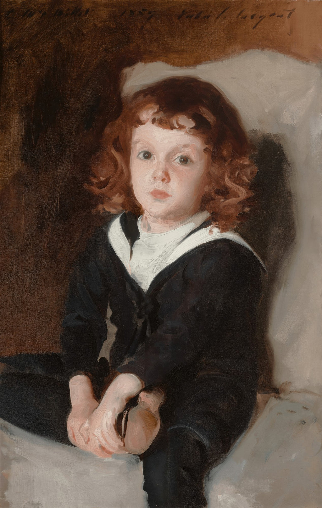 Retrato a óleo de uma criança de cabelos ruivos e encaracolados, vestindo um traje azul marinho com gola de marinheiro branca, olhando diretamente para frente, pintado por John Singer Sargent.