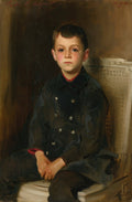 Retrato a óleo de um menino jovem, com cabelo escuro e bochechas rosadas, vestido com um casaco azul marinho abotoado, sentado em uma cadeira de palha. A luz incide sobre seu rosto, destacando sua expressão séria e pensativa. Fundo escuro e texturizado.