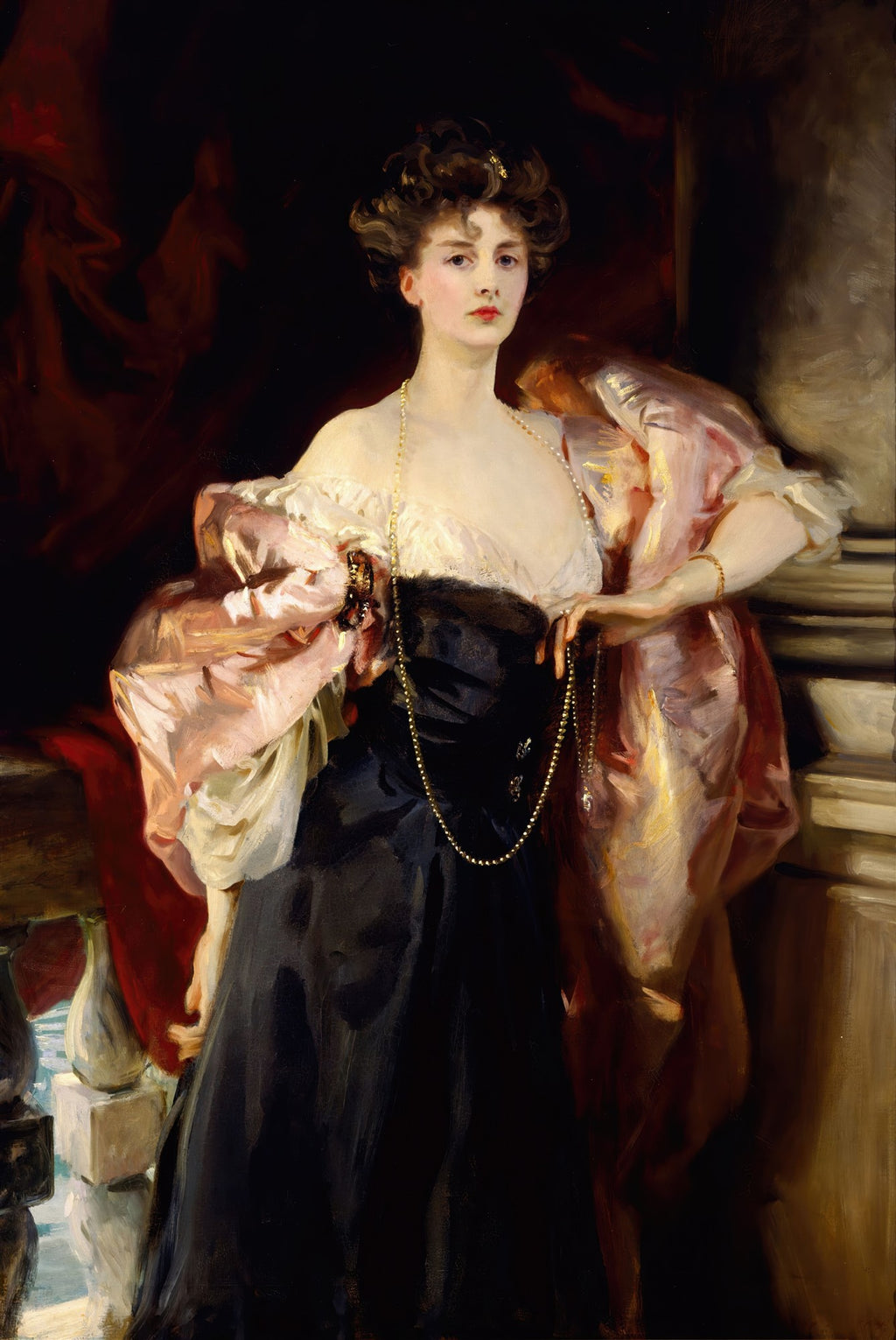 Retrato de mulher elegante, Lady Agnew de Lochnaw, por John Singer Sargent, com vestido preto e blusa clara, colar dourado e xale rosa, em um fundo escuro com detalhes em vermelho.