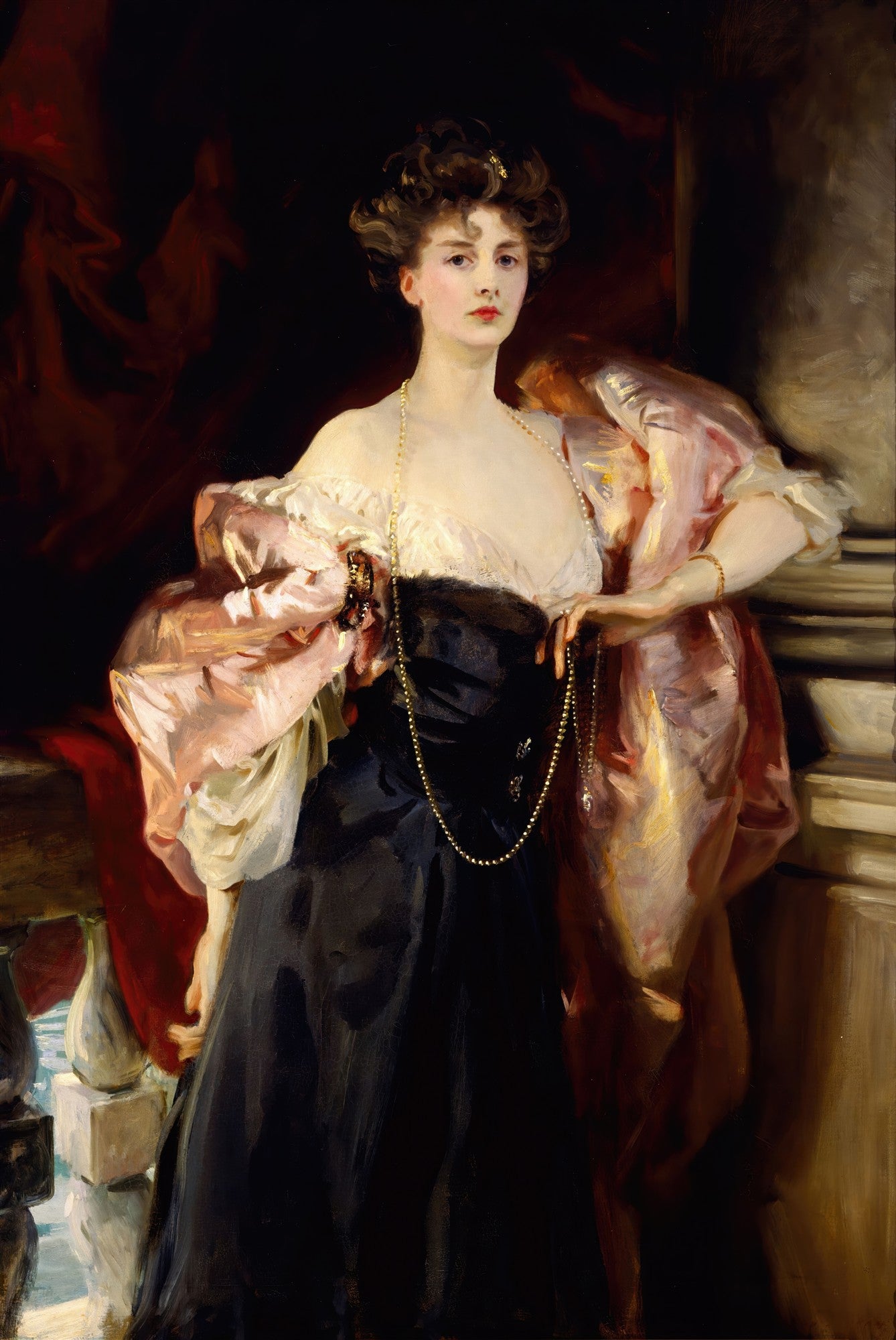 Retrato de mulher elegante, Lady Agnew de Lochnaw, por John Singer Sargent, com vestido preto e blusa clara, colar dourado e xale rosa, em um fundo escuro com detalhes em vermelho.