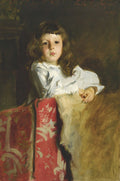 Retrato a óleo de John Singer Sargent, 'Dorothy', uma jovem menina de cabelos castanhos e cachos soltos, vestindo uma blusa branca. Ela está apoiada sobre um tecido vermelho com padrões florais brancos, olhando diretamente para frente com uma expressão pensativa. O fundo é escuro e esfumaçado.