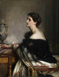 Retrato de uma mulher pensativa, vestida elegantemente, sentada a uma mesa com cartas de baralho na mão, pintado por John Singer Sargent. A imagem mostra a mulher de perfil, com uma expressão concentrada, em um ambiente clássico e com iluminação dramática.