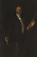 Autorretrato de John Singer Sargent, pintor com barba e bigode, vestindo terno escuro e camisa branca, segurando pincel e paleta contra um fundo escuro.