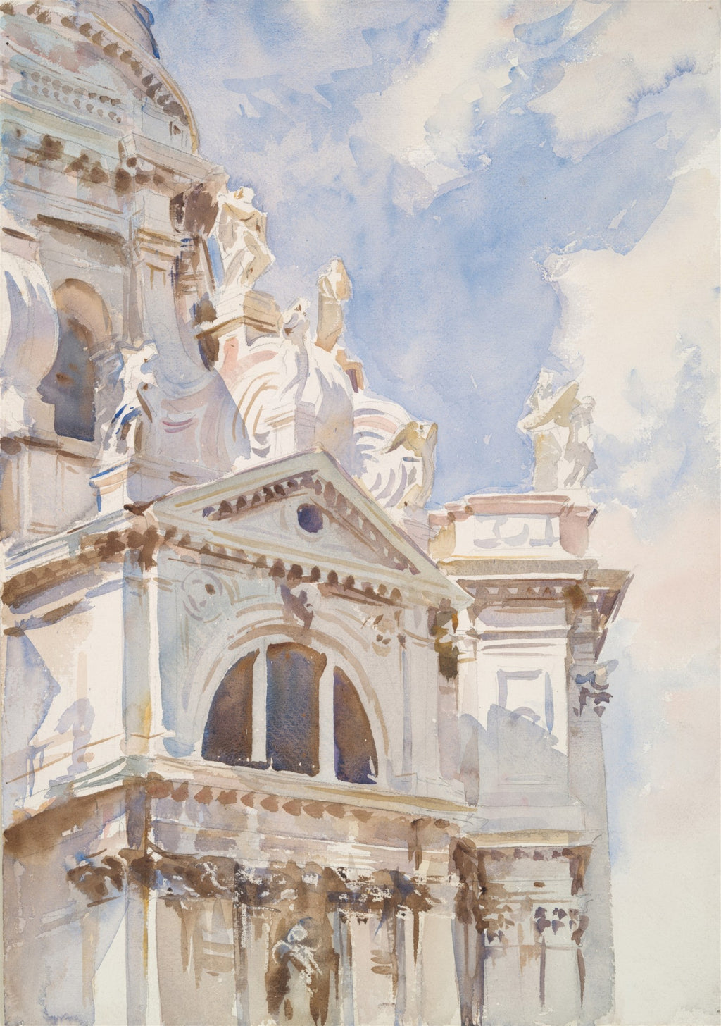 Aquarela de John Singer Sargent representando detalhes arquitetônicos de um edifício em Veneza sob um céu azul com nuvens brancas, com jogo de luz e sombra.