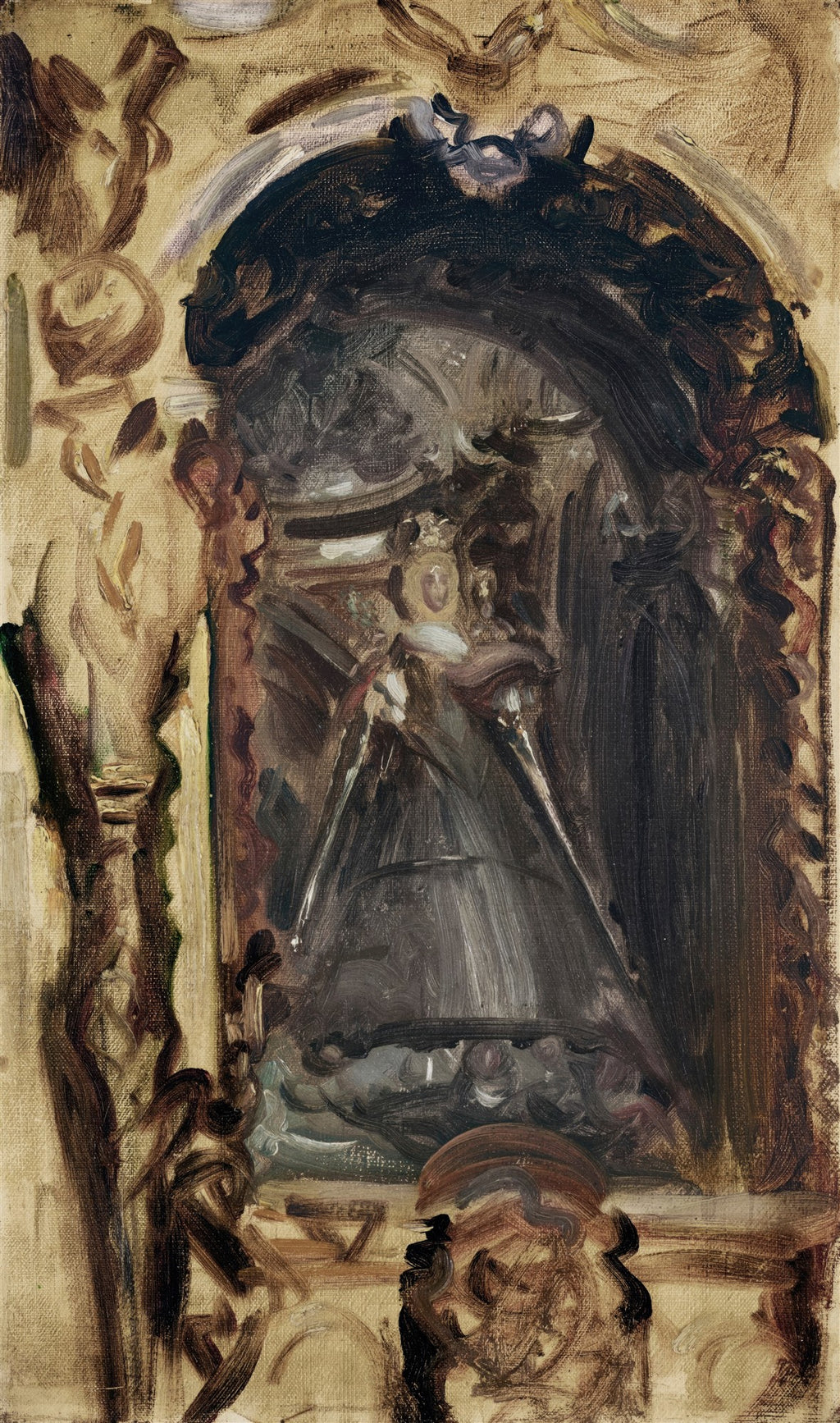 Esboço a óleo de John Singer Sargent, apresentando uma figura real em um nicho arqueado, com pinceladas soltas em tons terrosos e escuros, sobre tela.