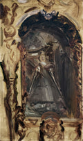 Esboço a óleo de John Singer Sargent, apresentando uma figura real em um nicho arqueado, com pinceladas soltas em tons terrosos e escuros, sobre tela.