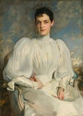 Retrato de Lady Agnew de Lochnaw por John Singer Sargent, uma mulher jovem sentada, vestindo um vestido branco de gola alta e mangas bufantes, com um fundo azul e marrom abstrato. O estilo é realista com pinceladas visíveis.