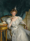 Retrato de Lady Agnew de Lochnaw, uma mulher jovem sentada, vestindo um vestido branco elegante e joias turquesa, pintada por John Singer Sargent.