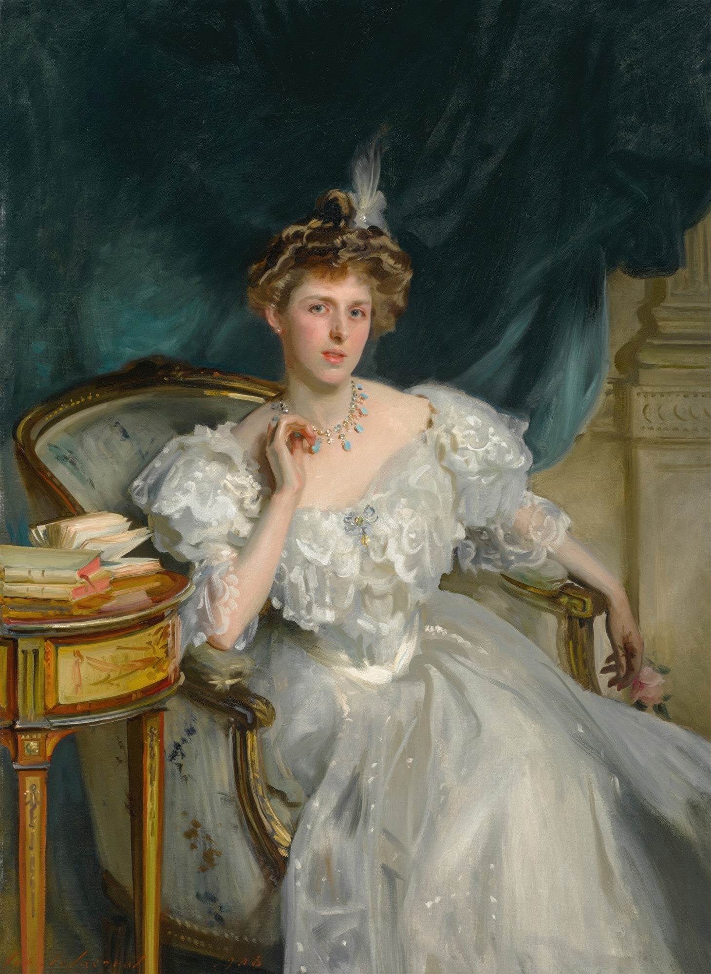 Retrato de Lady Agnew de Lochnaw, uma mulher jovem sentada, vestindo um vestido branco elegante e joias turquesa, pintada por John Singer Sargent.
