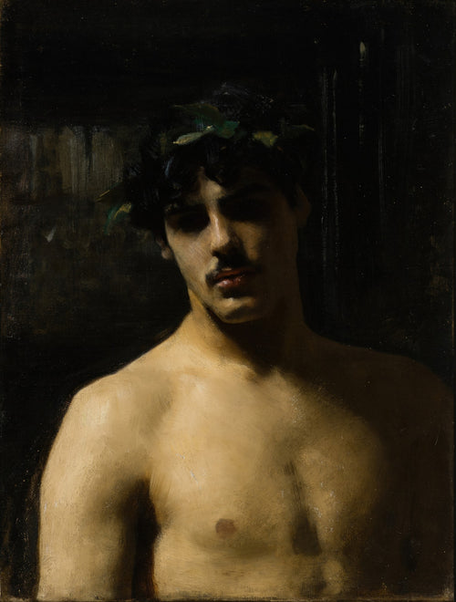 Retrato de um jovem rapaz com coroa de folhas na cabeça, torso nu e bigode sutil, iluminado dramaticamente em fundo escuro, obra de John Singer Sargent.