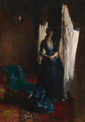 Pintura a óleo de John Singer Sargent, Lady in Blue, mostrando uma mulher ruiva de vestido azul escuro em um quarto escuro, iluminada por uma janela lateral. Um sofá verde está à esquerda e um espelho dourado na parede ao fundo.