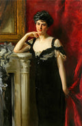 Retrato de corpo inteiro de uma mulher elegante, Mrs. Hugh Hammersley, em vestido preto, encostada em uma lareira, com um fundo vermelho vibrante, pintado por John Singer Sargent.