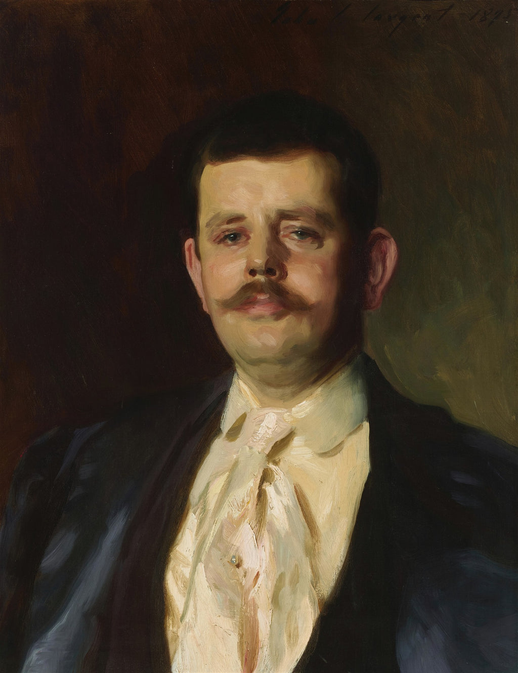 Retrato a óleo de um homem com bigode, vestindo terno escuro e camisa branca com laço. Fundo escuro. Obra de John Singer Sargent.