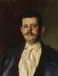 Retrato a óleo de um homem com bigode, vestindo terno escuro e camisa branca com laço. Fundo escuro. Obra de John Singer Sargent.