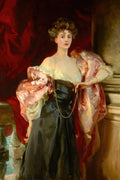 Retrato de Lady Agnew de Lochnaw por John Singer Sargent, uma mulher elegante com vestido de seda e joias, sentada à frente de um fundo vermelho vibrante e uma coluna clássica.