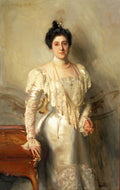 Retrato a óleo de uma senhora elegante com vestido de seda branco e muitas pérolas, pintado por John Singer Sargent. A senhora tem cabelo escuro preso e uma expressão serena.