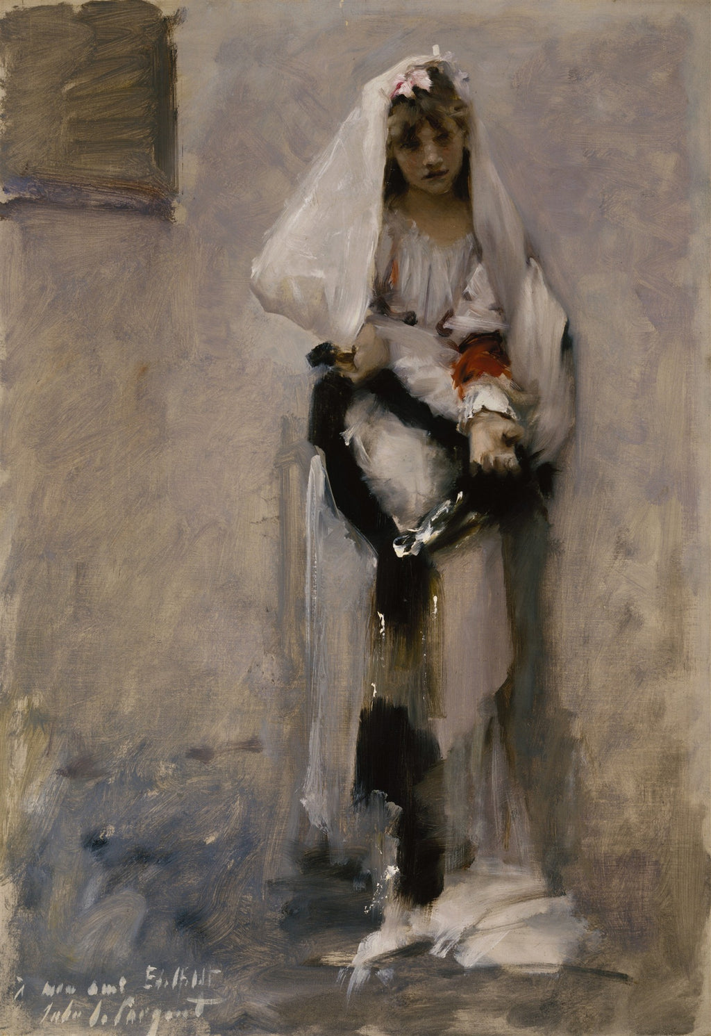 Retrato de uma jovem com véu branco e vestes claras, segurando uma faixa escura, com pinceladas soltas de John Singer Sargent, em tons de cinza, branco e marrom. A moça tem expressão introspectiva.