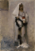 Retrato de uma jovem com véu branco e vestes claras, segurando uma faixa escura, com pinceladas soltas de John Singer Sargent, em tons de cinza, branco e marrom. A moça tem expressão introspectiva.