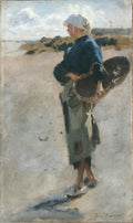 Pintura a óleo de John Singer Sargent, 'A Pescadora', retratando uma mulher de perfil, em pé na areia com uma cesta, olhando para o mar sob um céu claro e ensolarado.