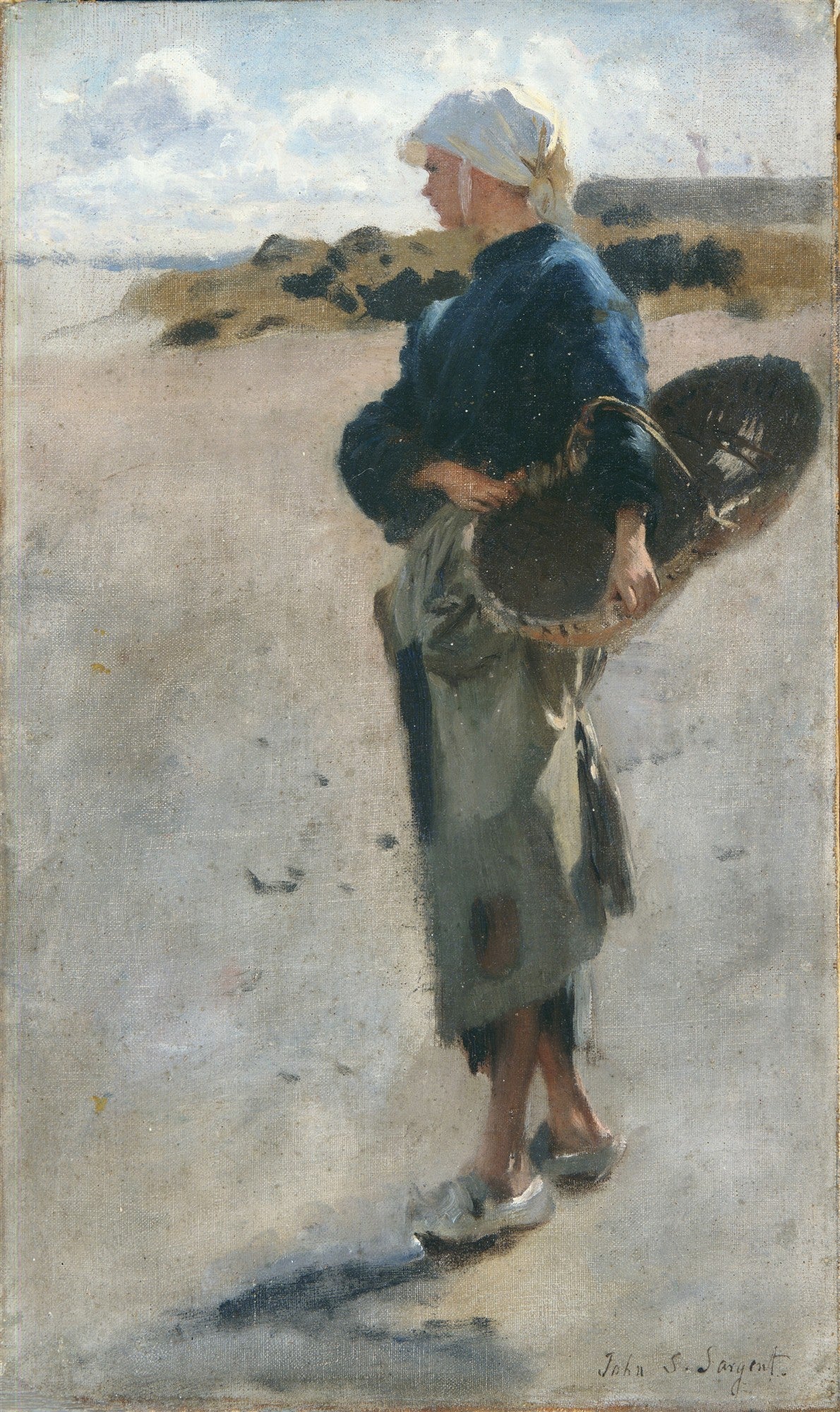 Pintura a óleo de John Singer Sargent, 'A Pescadora', retratando uma mulher de perfil, em pé na areia com uma cesta, olhando para o mar sob um céu claro e ensolarado.
