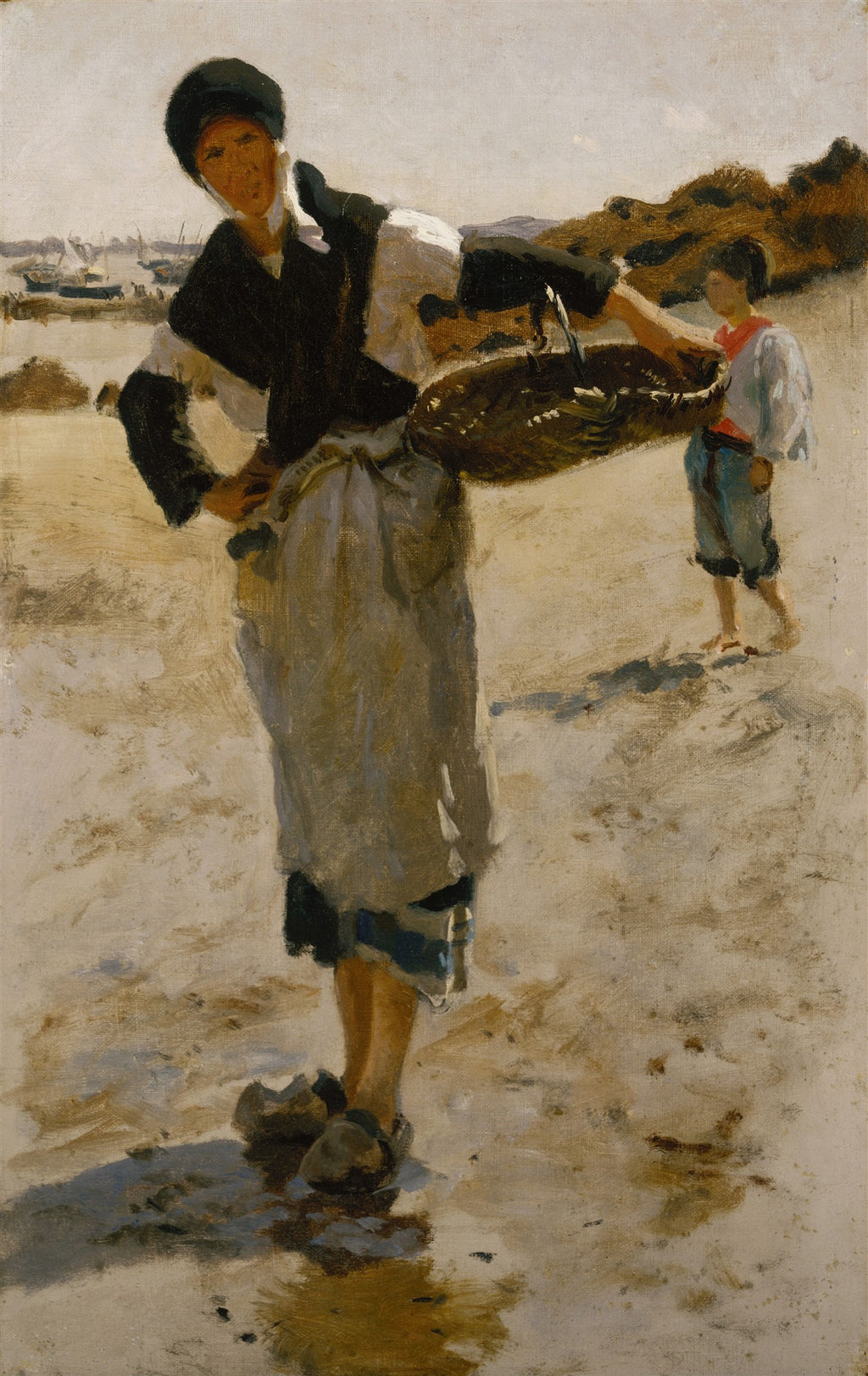 Quadro a óleo de John Singer Sargent, "A Spanish Woman with a Basket (A Lady from Madrid)", retratando uma mulher em primeiro plano segurando um cesto de peixe em uma praia com outra figura ao fundo.