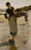 Quadro a óleo de John Singer Sargent, "A Spanish Woman with a Basket (A Lady from Madrid)", retratando uma mulher em primeiro plano segurando um cesto de peixe em uma praia com outra figura ao fundo.