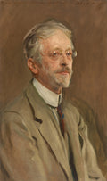 Retrato a óleo de um homem de meia-idade com óculos, barba e cabelos grisalhos, vestindo um terno bege e camisa branca com gravata. Fundo marrom neutro. Obra de John Singer Sargent.