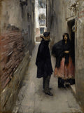 Pintura a óleo de John Singer Sargent, 'A Rua de Veneza', mostrando um homem e uma mulher em um beco escuro e estreito de Veneza, com paredes de tijolos e luz ao fundo.
