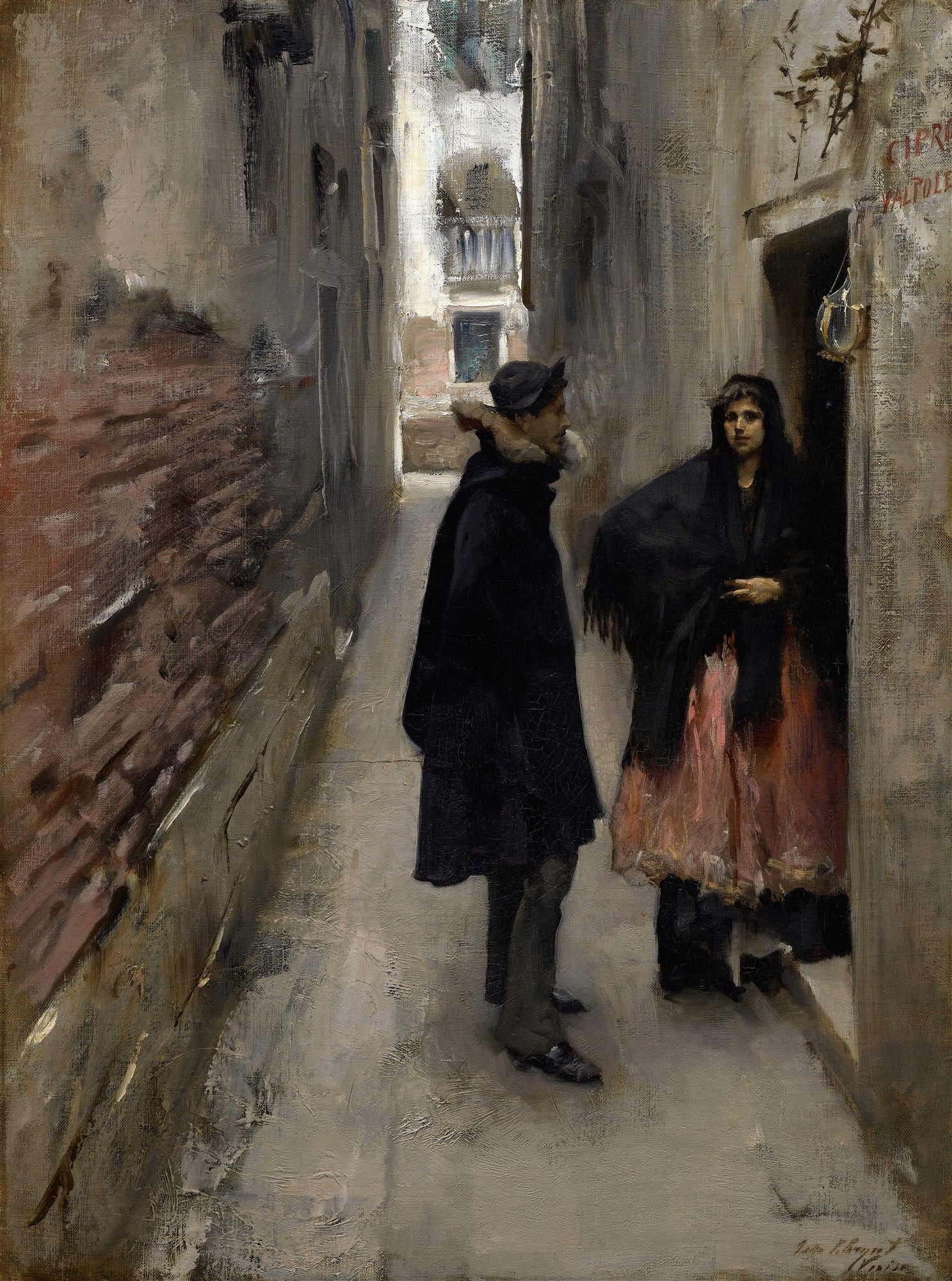 Pintura a óleo de John Singer Sargent, 'A Rua de Veneza', mostrando um homem e uma mulher em um beco escuro e estreito de Veneza, com paredes de tijolos e luz ao fundo.