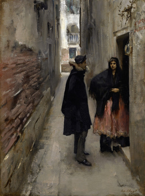 Pintura a óleo de John Singer Sargent, 'A Rua de Veneza', mostrando um homem e uma mulher em um beco escuro e estreito de Veneza, com paredes de tijolos e luz ao fundo.