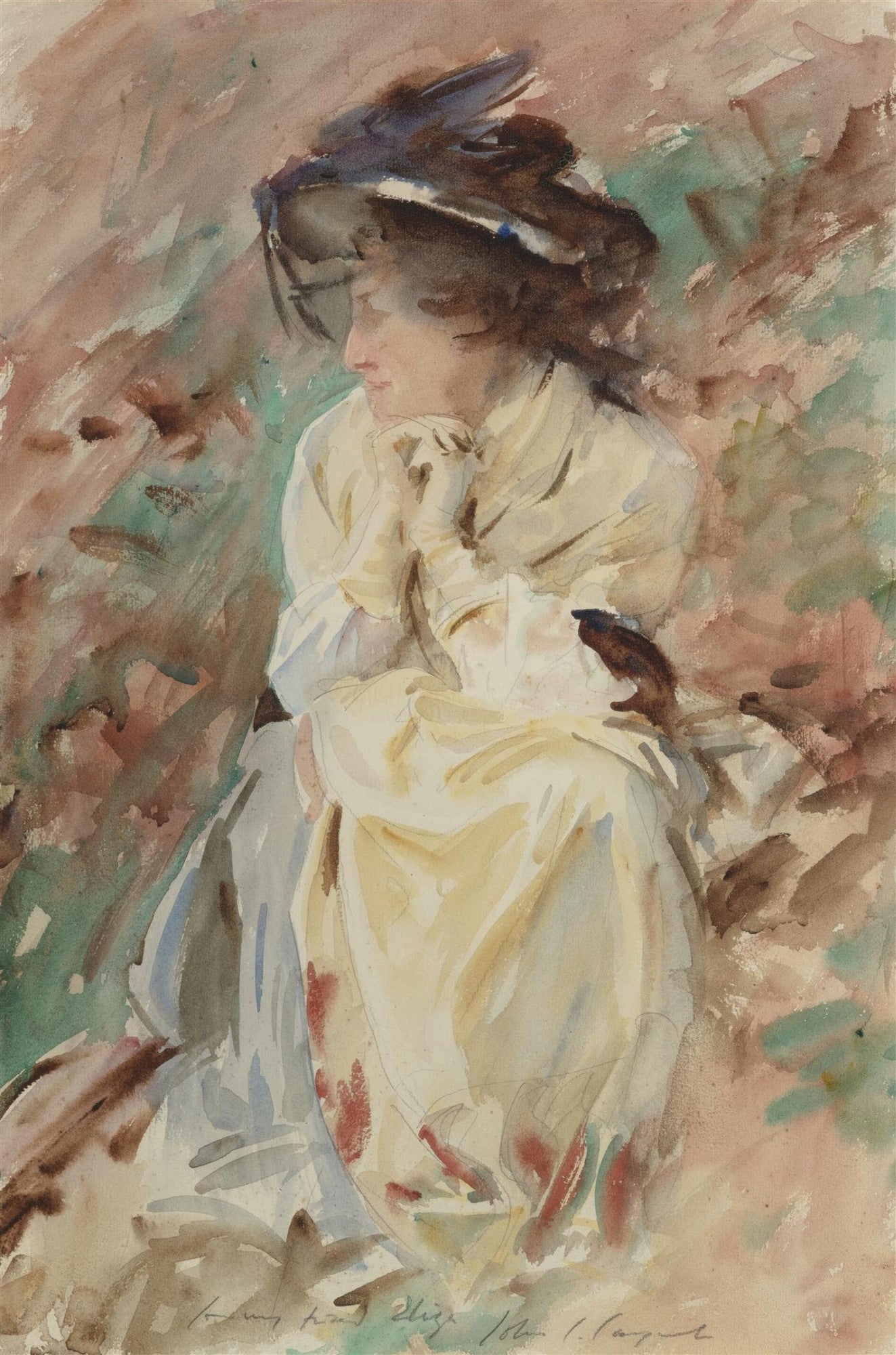 Aquarela de John Singer Sargent intitulada 'A Lady with a Hat', retratando uma mulher de perfil, com chapéu escuro e luvas, sentada em um ambiente com pinceladas soltas em tons de marrom, verde e creme.