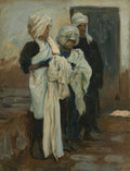 Pintura a óleo de John Singer Sargent, 'Estudos de Figuras Orientais', mostrando três homens com turbantes e vestes brancas, em tons terrosos e azulados. Um quadro decorativo clássico e expressivo.