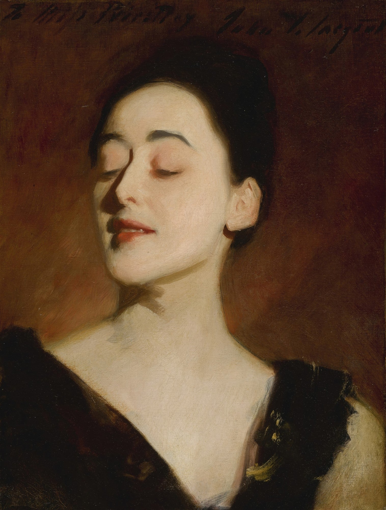 Retrato de Miss Eliza Peabody, pintado por John Singer Sargent, mostrando uma mulher com os olhos fechados, semblante sereno e cabelos escuros, sobre um fundo marrom avermelhado. Ela veste um tecido escuro que contorna seus ombros.