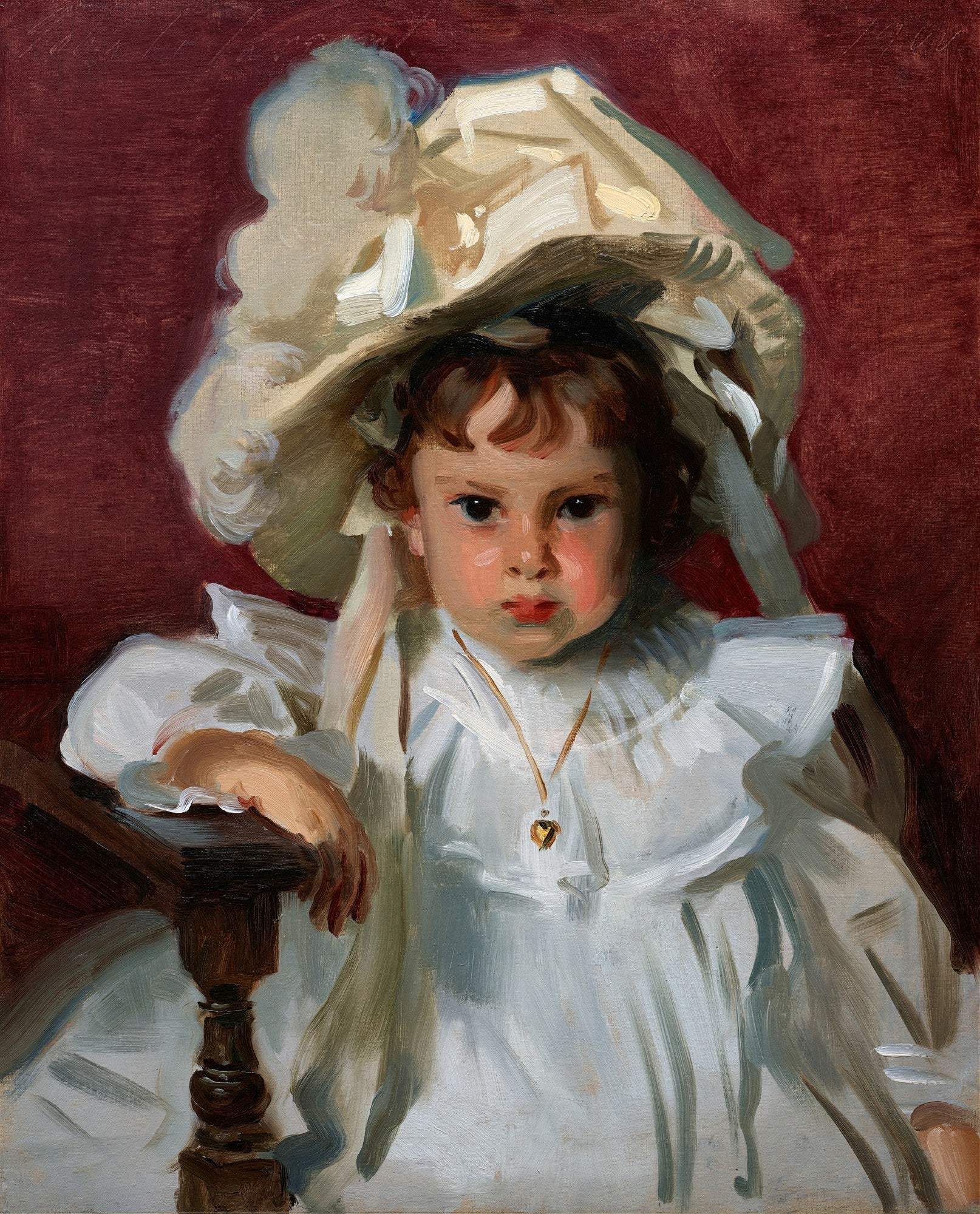 Retrato a óleo de uma menina com cabelos castanhos e cachos, vestindo um vestido branco e um grande chapéu claro com penas. Ela usa um colar com um pequeno pingente dourado em forma de coração. O fundo é de um tom vermelho escuro.