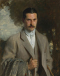 Retrato de um homem com bigode, olhar penetrante, vestindo terno cinza e camisa branca. A obra é de John Singer Sargent, com fundo escuro e pinceladas expressivas.