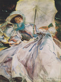 Pintura em aquarela de John Singer Sargent, "A Dama com Sombrinha", retratando uma mulher elegante sentada sob uma sombrinha branca, com um chapéu e lenço azul, em tons claros e pinceladas fluidas.