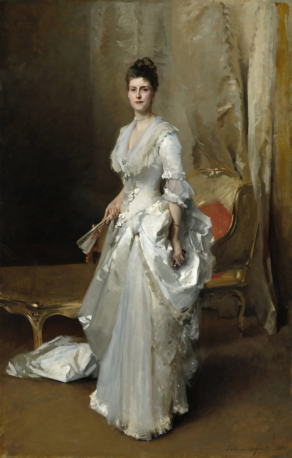 Retrato de corpo inteiro de Lady Agnew of Lochnaw, uma mulher elegante com vestido branco e leque, pintado por John Singer Sargent