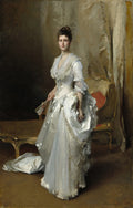 Retrato de corpo inteiro de Lady Agnew of Lochnaw, uma mulher elegante com vestido branco e leque, pintado por John Singer Sargent