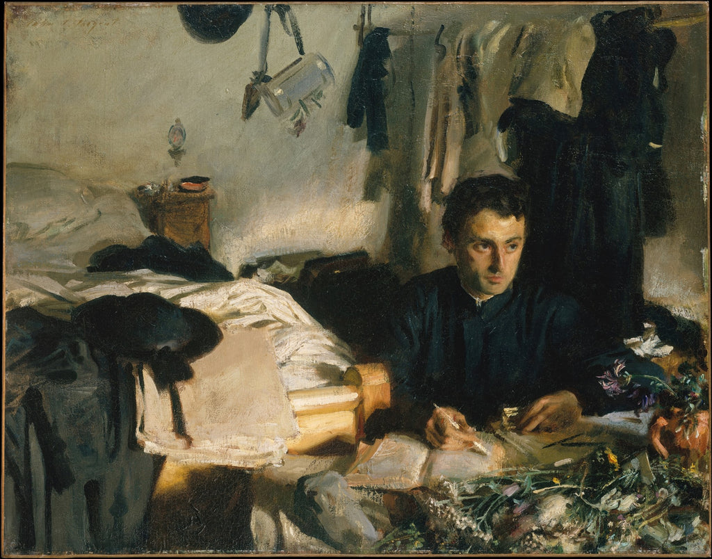 Quadro decorativo mostrando um jovem pensativo, possivelmente um estudante ou o próprio artista, sentado em um quarto desarrumado, com objetos pessoais e tecidos ao redor. A luz entra pela esquerda, destacando o rosto e as mãos do jovem, que parece estar escrevendo ou desenhando.