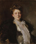 Retrato a óleo de John Singer Sargent de uma mulher de meia-idade, com cabelos castanhos ondulados e um vestido escuro com detalhes em branco e pérolas, sobre um fundo escuro.