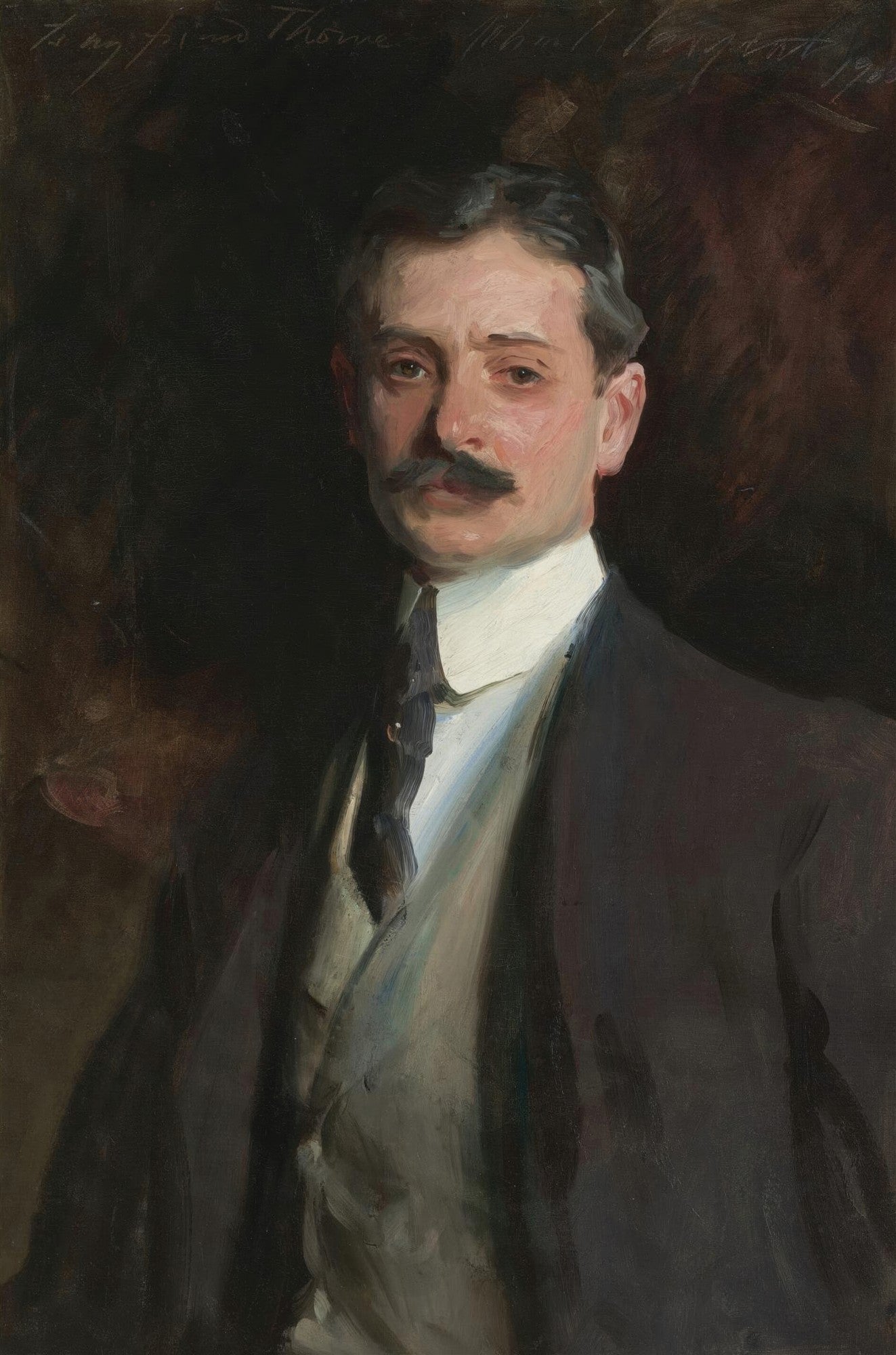 Quadro decorativo com retrato de um cavalheiro de bigode, vestindo terno escuro e camisa branca. A pincelada é solta, em tons sóbrios de marrom, preto e branco, com fundo escuro. Obra de John Singer Sargent.