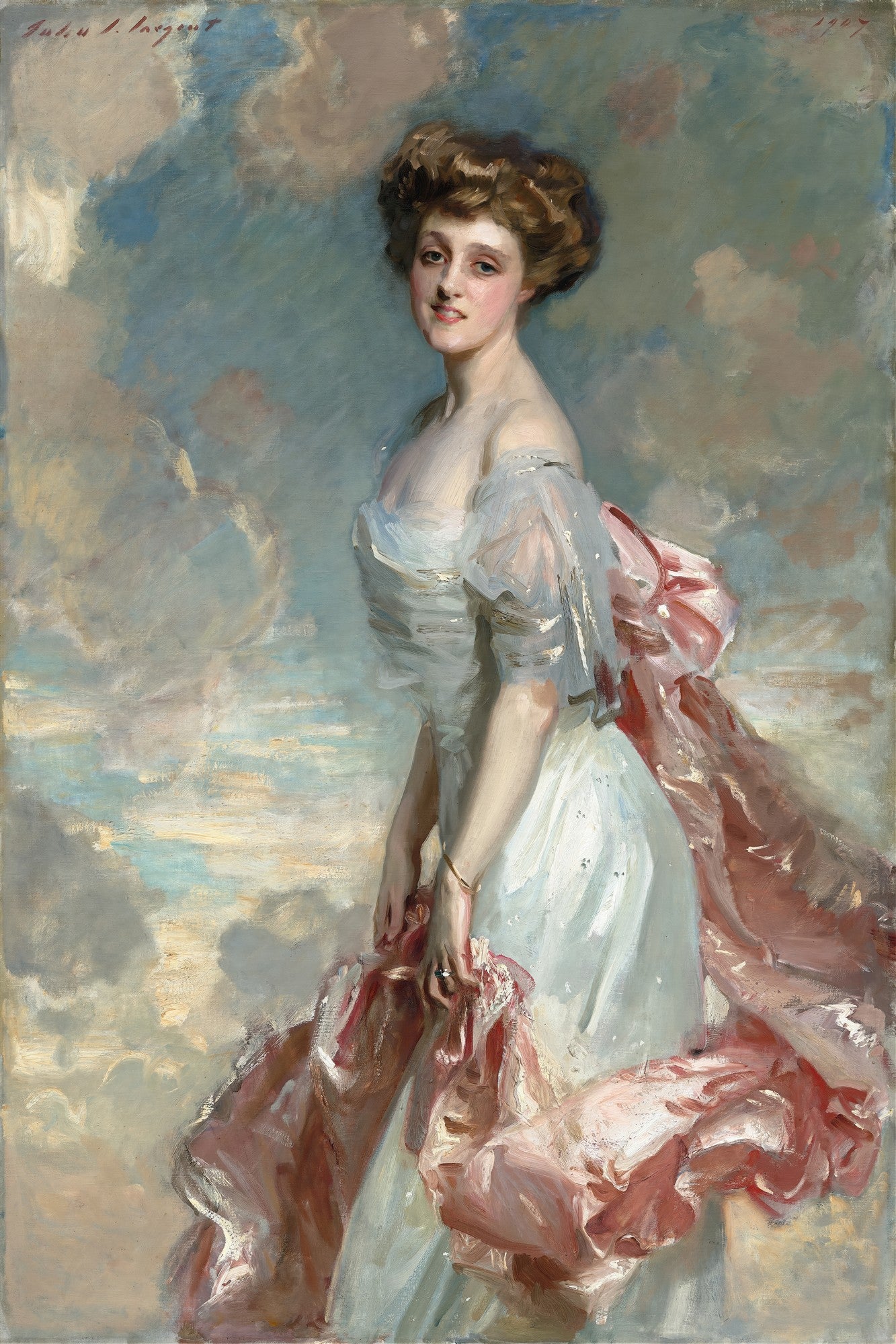 Retrato de Lady Agnew of Lochnaw por John Singer Sargent, mulher sorrindo em vestido branco e rosa com fundo de nuvens
