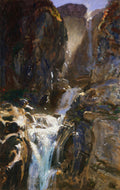 Pintura a óleo de John Singer Sargent mostrando uma cascata de água branca e espumosa descendo entre rochas escuras e texturizadas. A luz incide sobre a água e algumas partes das rochas, criando um contraste dramático de claro e escuro.