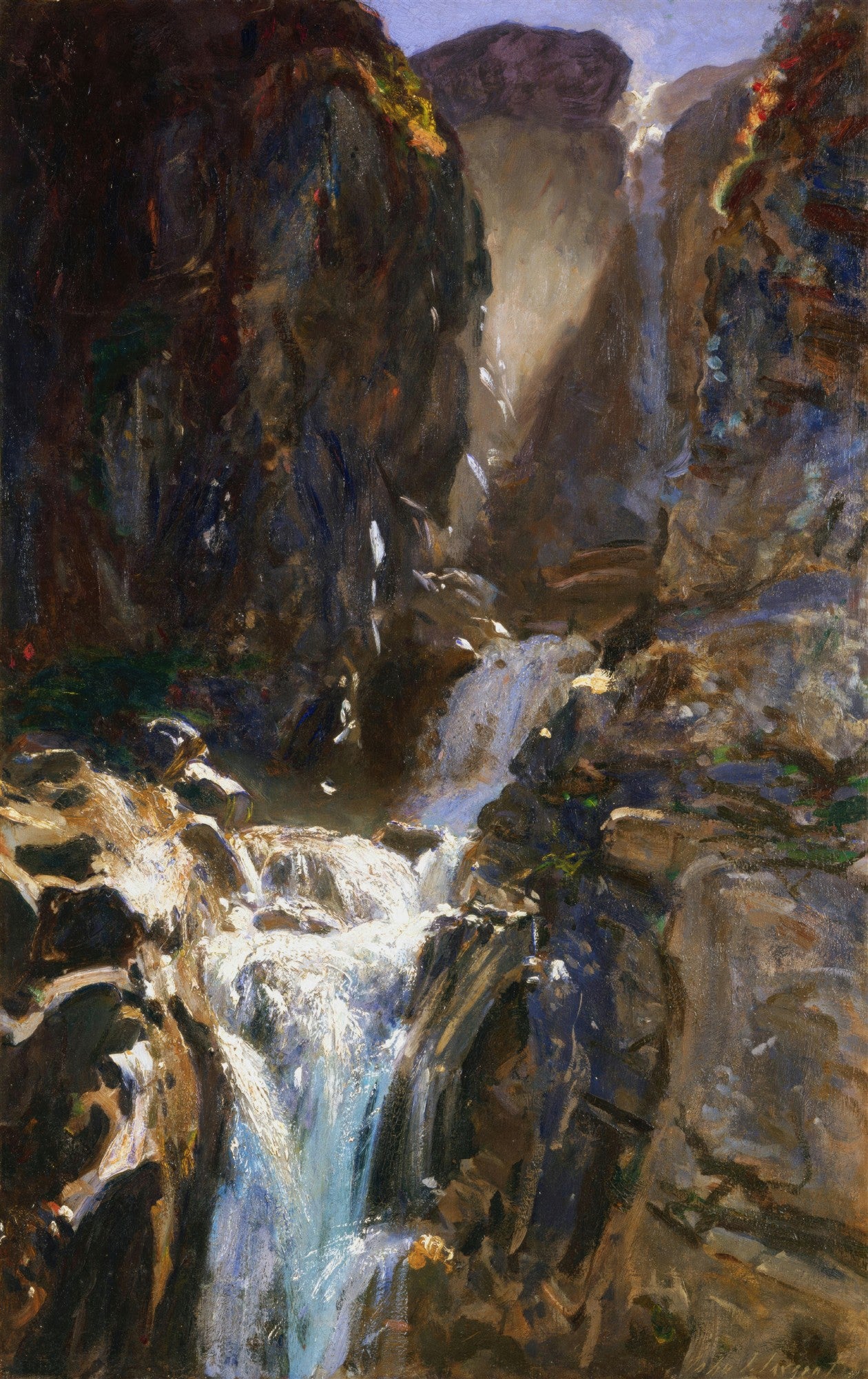 Pintura a óleo de John Singer Sargent mostrando uma cascata de água branca e espumosa descendo entre rochas escuras e texturizadas. A luz incide sobre a água e algumas partes das rochas, criando um contraste dramático de claro e escuro.